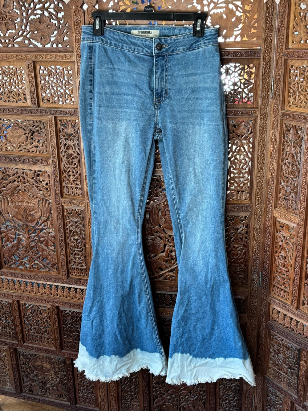 Rock & Roll Denim High-Rise Blue Flare Jeans with Frayed White Hem
